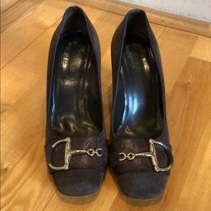 Gucci Brown Suede Buckle 3” Block Heel